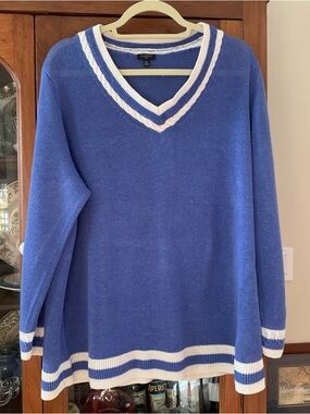 Talbots Royal Blue V-Neck Sweater with White Stripe Trim